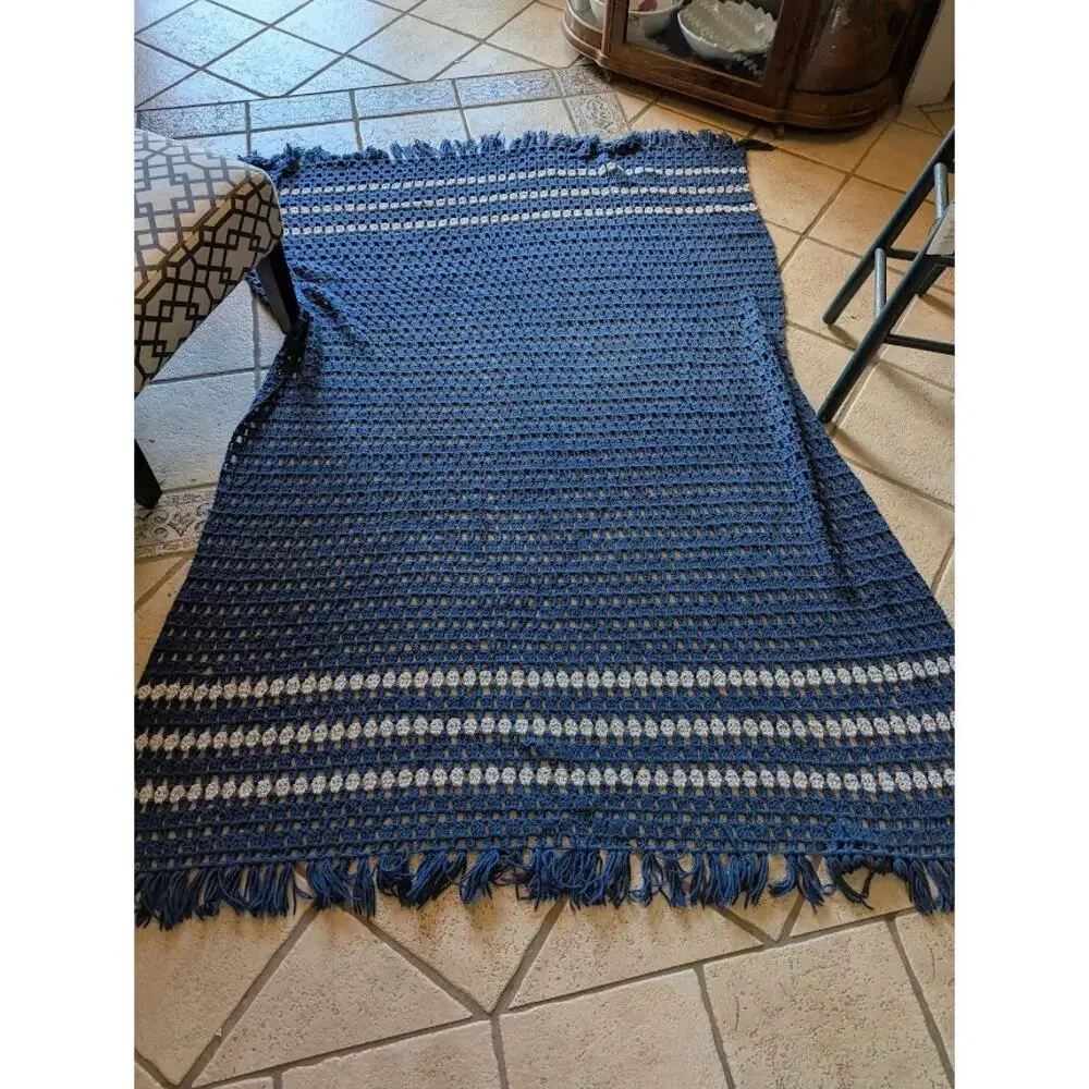 Handmade Dark Blue and Gray Crocheted Afghan throw w/ Fringe 84